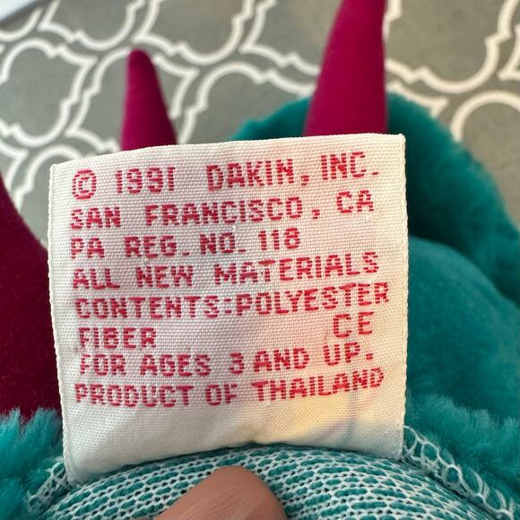 Dakin Vintage Dinosaur Puppet 1991 Plush Toy Green 12" Triceratops Hornsly - Picture 2 of 10